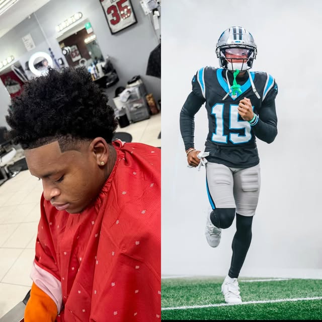 Fresh shaped haircut shown beside an American football portrait