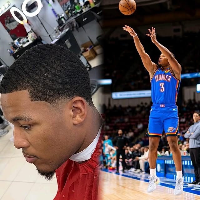 Fresh wave haircut shown beside a basketball action portrait