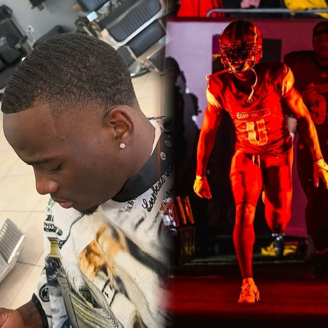 Fresh wave haircut shown beside a red-lit football portrait